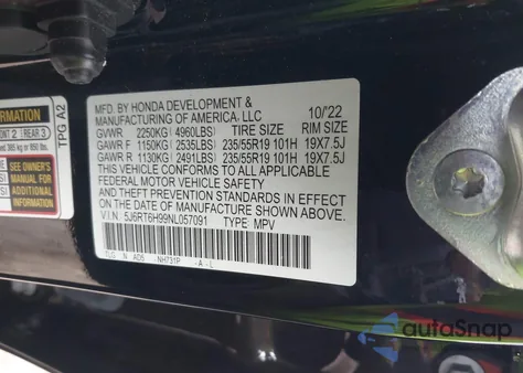 2022 Honda Cr-V Hybrid Touring из США, поврежденный, VIN 5J6RT6H99NL057091